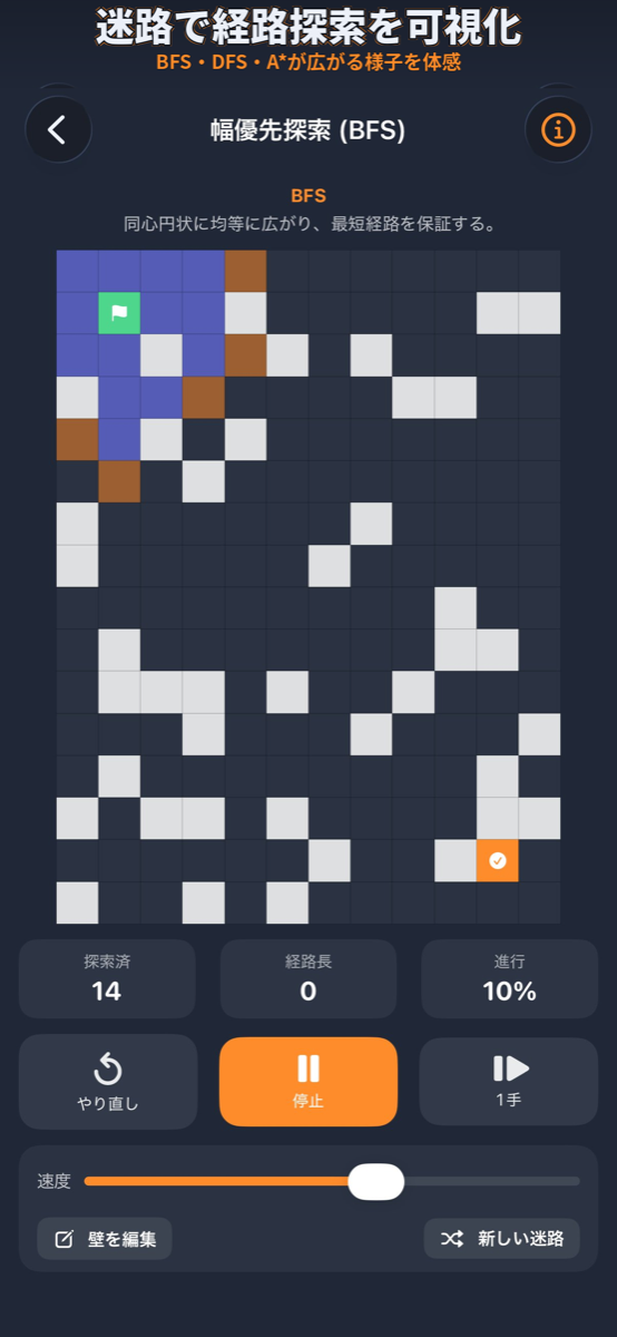 幅優先探索で迷路を探索している画面